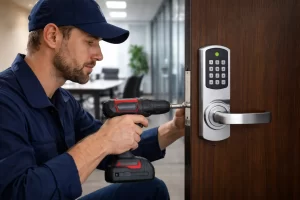 Commercial locksmith in Oklahoma City installing high-security office locks